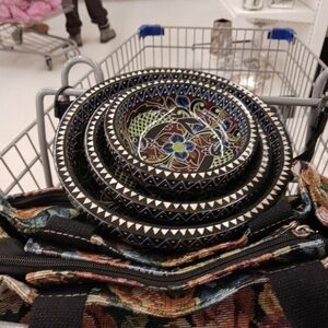 Hand-Painted Nested Paper Mache Bowls - Black with Multicolor Floral Design